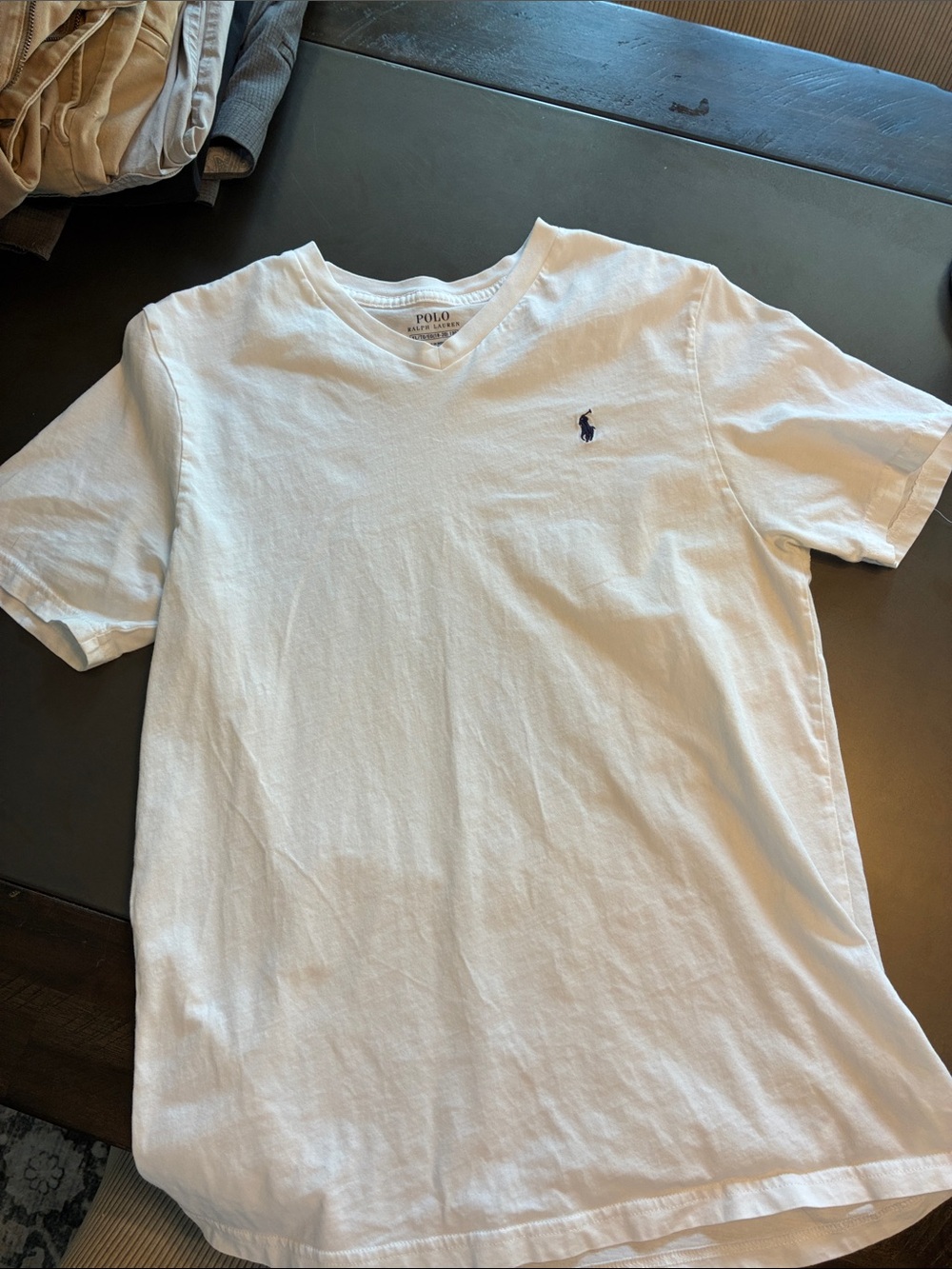 Ralph Lauren White V-Neck Tee with Navy Polo Logo